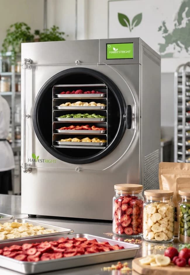 Harvest Right freeze dryer with prepared food trays in a production kitchen