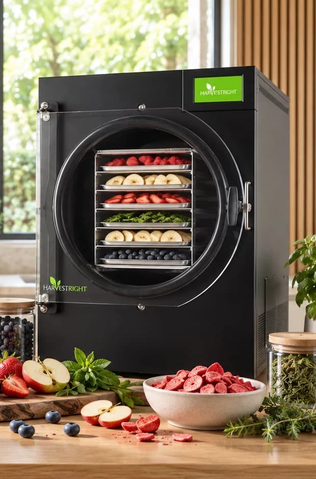 Harvest Right freeze dryer with trays of fruit and jars of preserved food in a home kitchen
