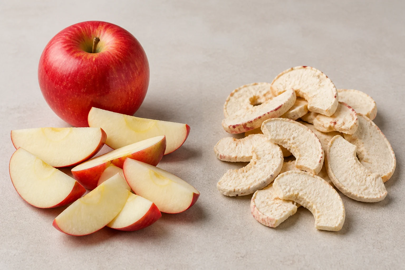 Fresh apples beside freeze-dried apple slices