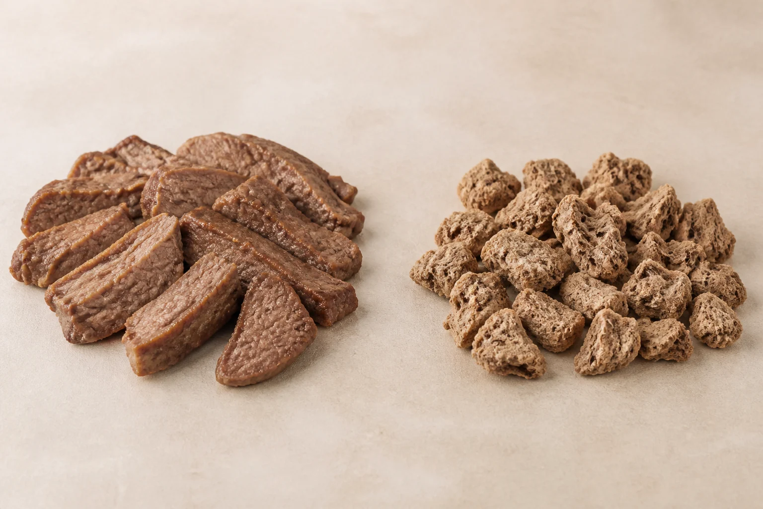 Prepared beef beside freeze-dried beef pieces