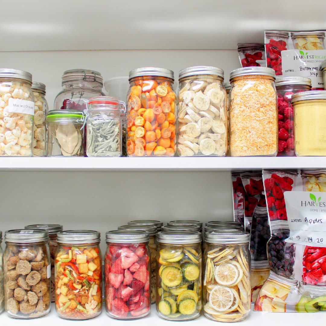 Labelled dry foods arranged as a practical household reserve