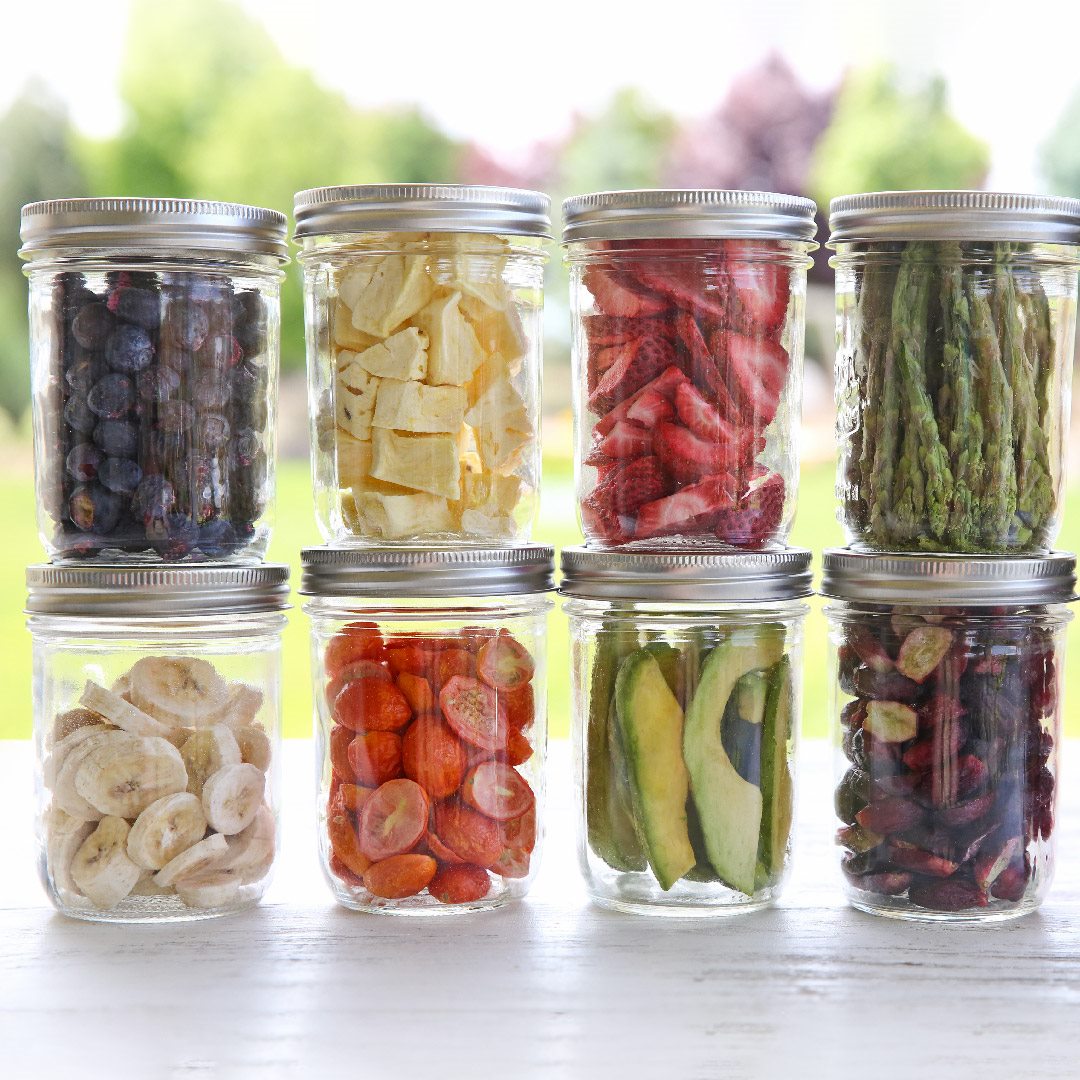 Assorted freeze-dried foods organised for a practical home pantry