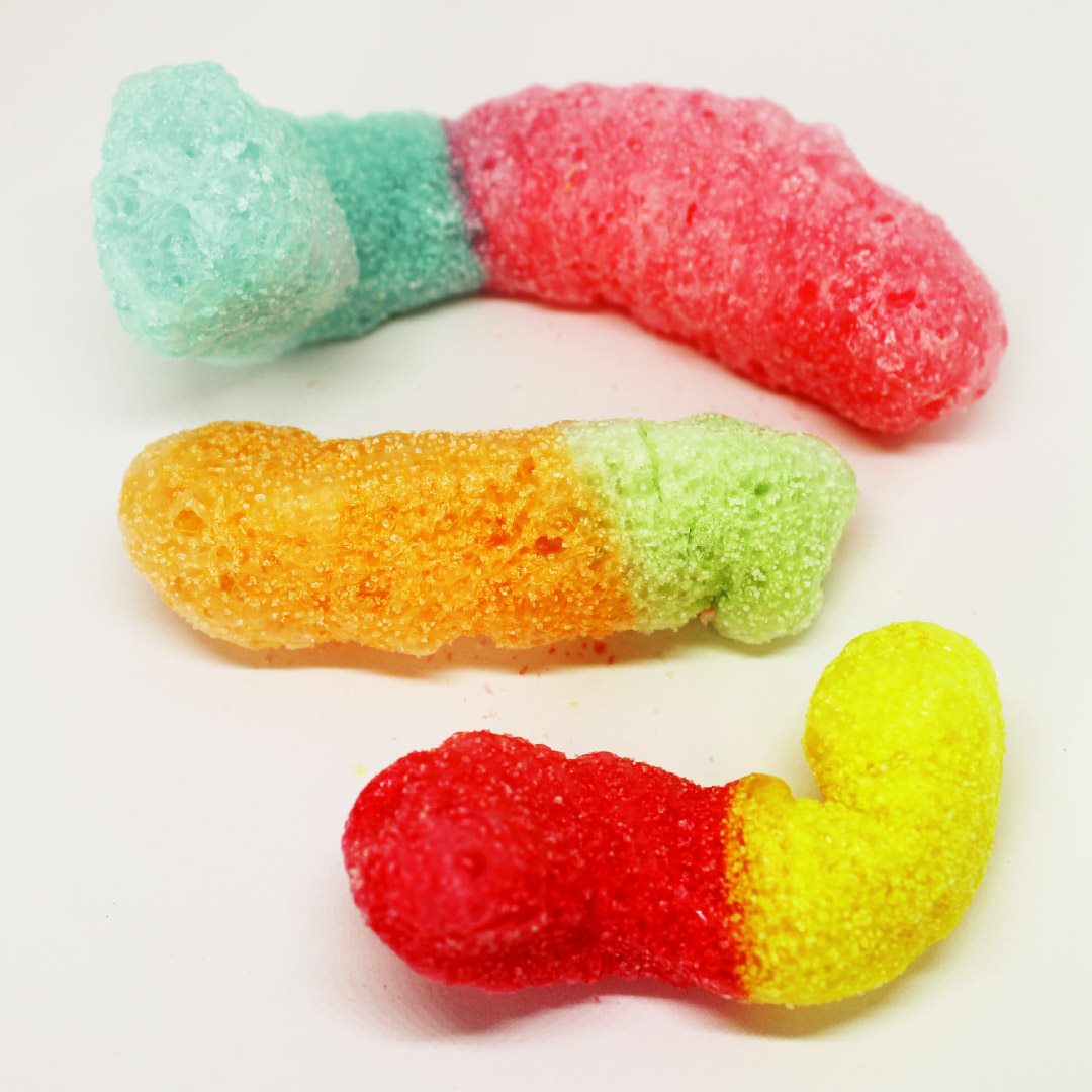 Colourful freeze-dried products prepared for packaging and sale