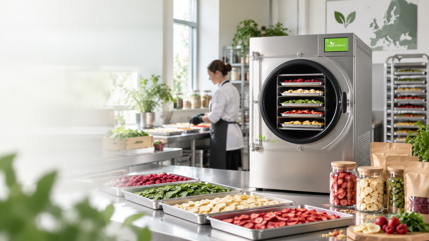 Harvest Right freeze dryer with prepared food trays in a production kitchen