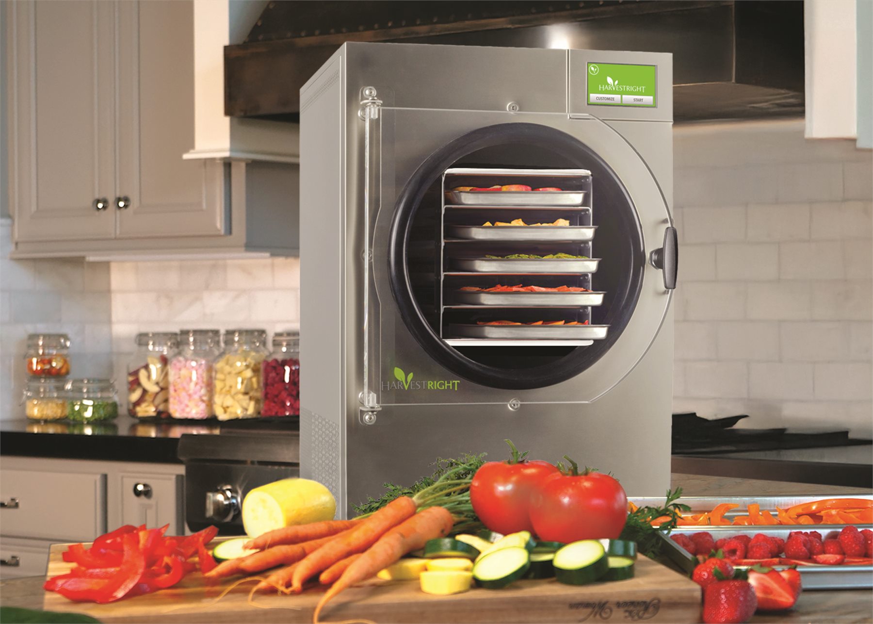 A stainless Home Pro freeze dryer in a working kitchen